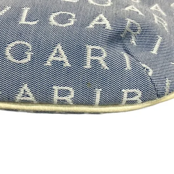 BVLGARI Logo Mania Light Blue Cream Jacquard Leather Shoulder Bag